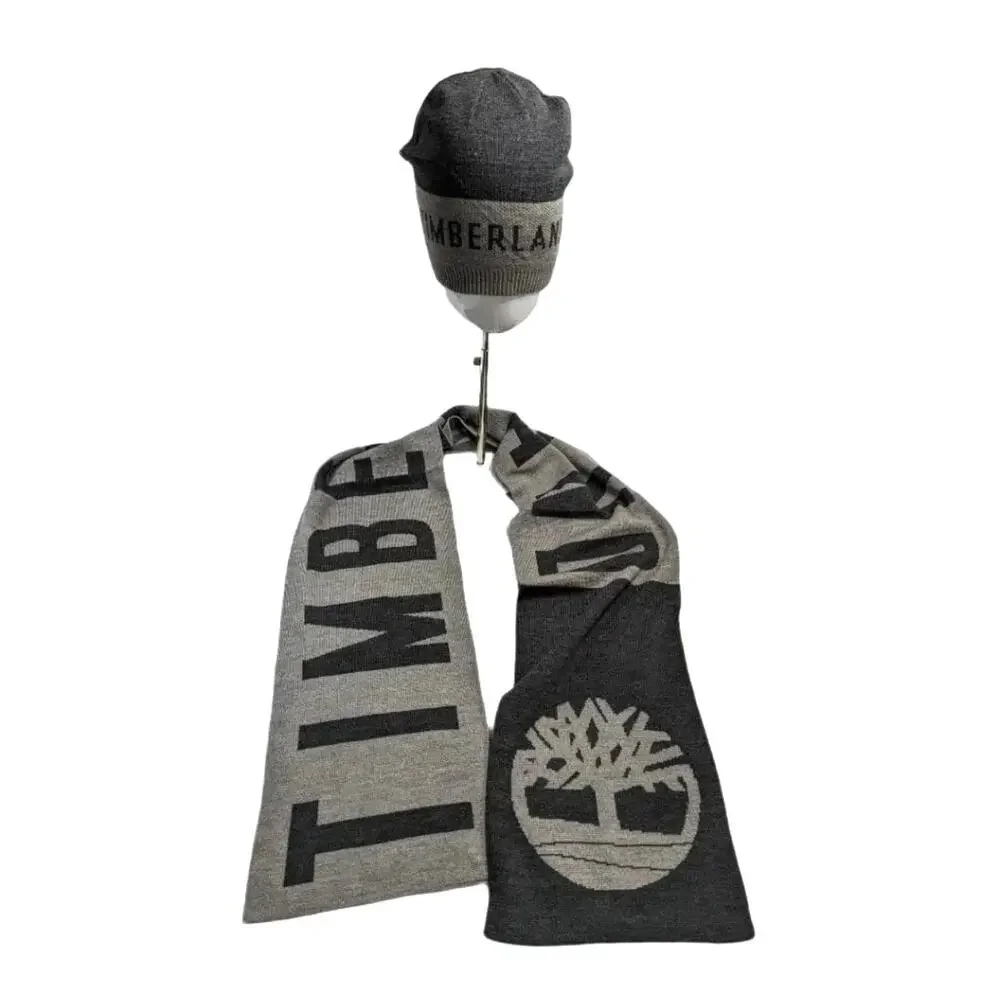 Timberland Reversible Jacquard Hat and Scarf Set in Two Tone Gray NEW